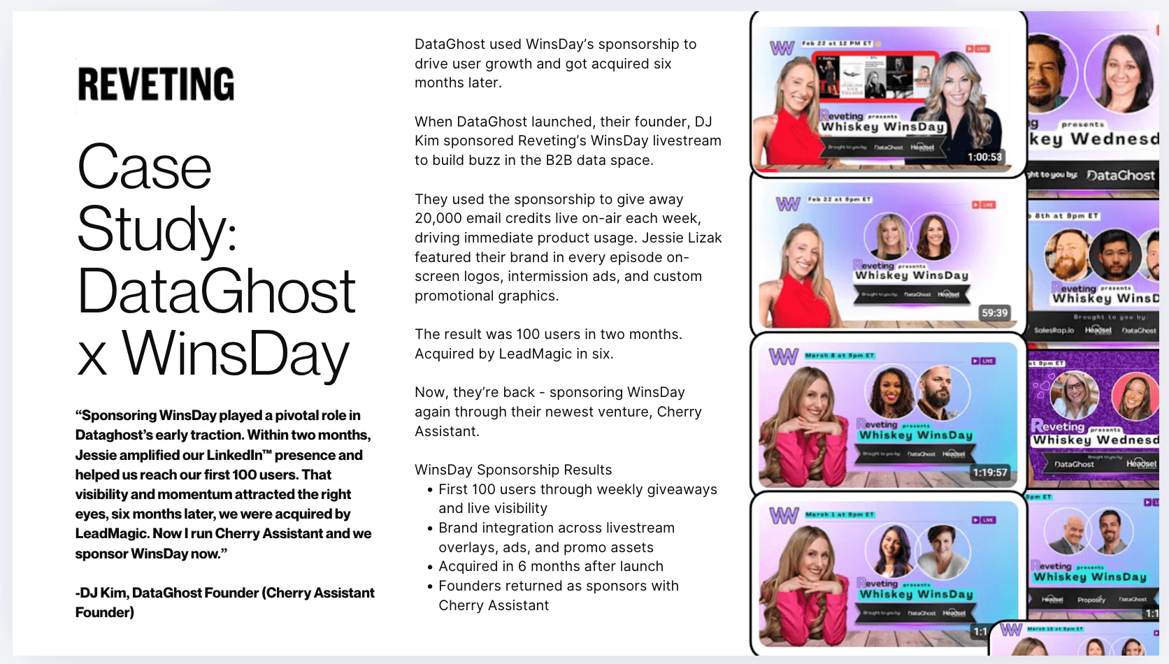 Original DataGhost and WinsDay case-study one-pager showing sponsored livestream artwork and documented results.